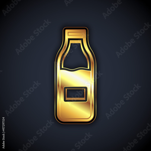 Gold Closed glass bottle with milk icon isolated on black background. Vector.