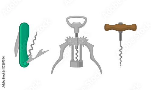 Corkscrew as Tool for Drawing Corks from Wine Bottles Vector Set