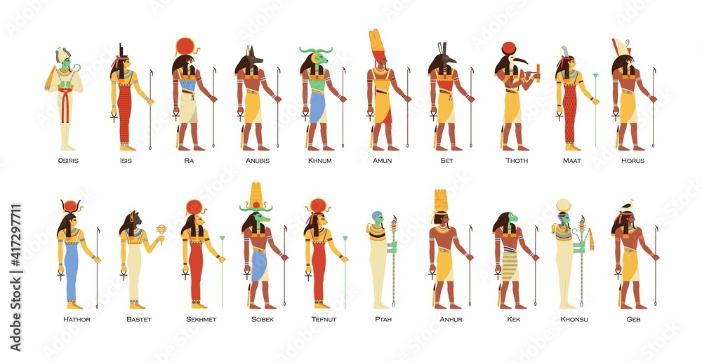 Set of Egyptian gods and goddesses. Deities of Ancient Egypt. Myth Cairo figures and statues. Colored flat vector illustration of osiris, horus, ra, sobek and thoth isolated on white background