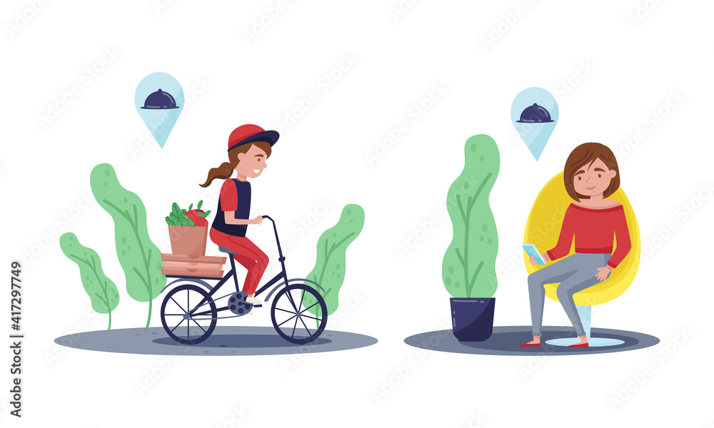Woman Courier Riding Bicycle Distributing Goods to Customers as Online Food Delivery Service Vector Set