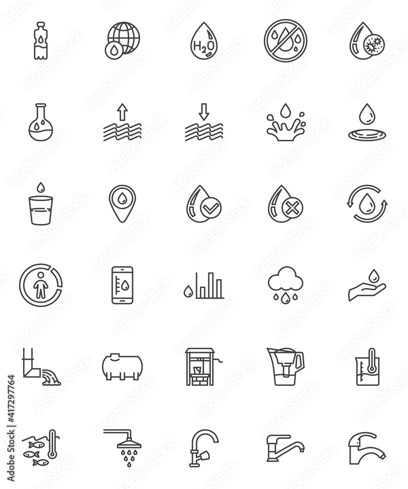Water related line icons set. linear style symbols collection, outline signs pack. vector graphics. Set includes icons as water drop, raindrop, clean droplet, evaporation, humidity level, shower, tap Water related line icons set. linear style symbols collection, outline signs pack. vector graphics. Set includes icons as water drop, raindrop, clean droplet, evaporation, humidity level, shower, tap