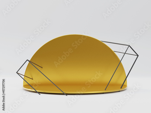 Golden round podium on white studio background with box cage. 3d render pedestal for products