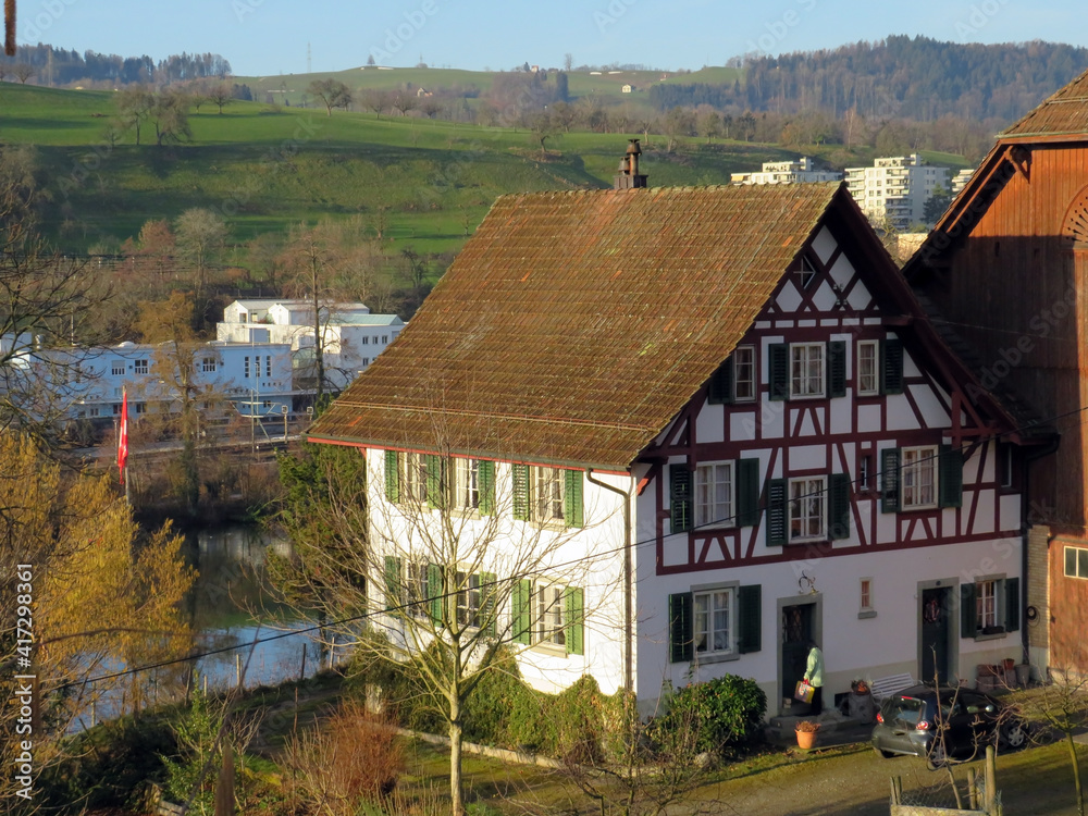 Old traditional architecture and rural family farms on the hill of the ...