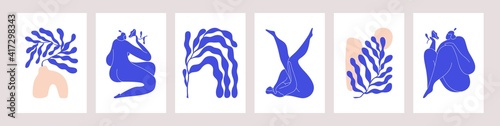Matisse-inspired modern posters with abstract woman and branches on white background. Set of contemporary wall art. Colored flat vector illustrations of vertical artworks with people and leaves