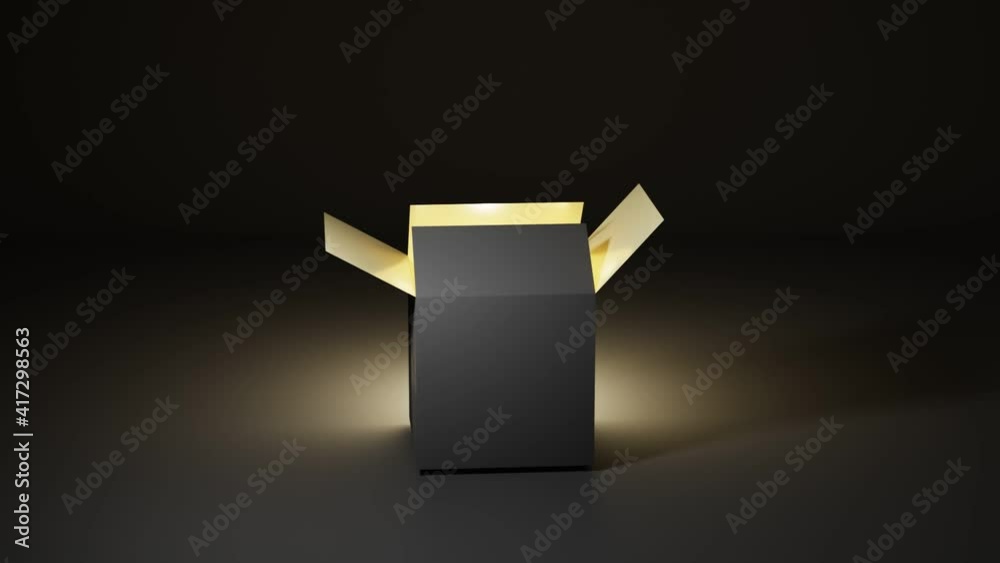 Black gift box with gold light on dark background, blank magic container opens, surprise idea, prize drawing, holiday secret christmas or birthday present, packaging mockup, black friday super sale