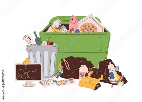 Trash can and dumpster with heap of mixed rubbish. Pile of household garbage lying around. Unsorted food, paper, plastic and electrical waste. Flat vector illustration isolated on white background