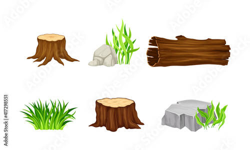 Tree Stump, Hollow Log and Rough Cobble Stone with Green Grass Blades Vector Set