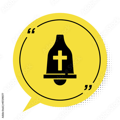 Black Church bell icon isolated on white background. Alarm symbol, service bell, handbell sign, notification symbol. Yellow speech bubble symbol. Vector.