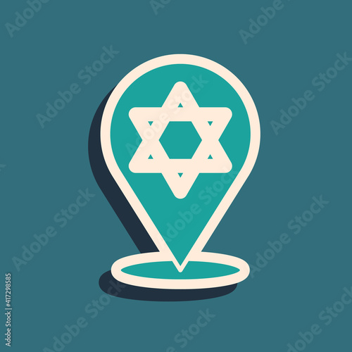 Green Star of David icon isolated on green background. Jewish religion symbol. Symbol of Israel. Long shadow style. Vector.