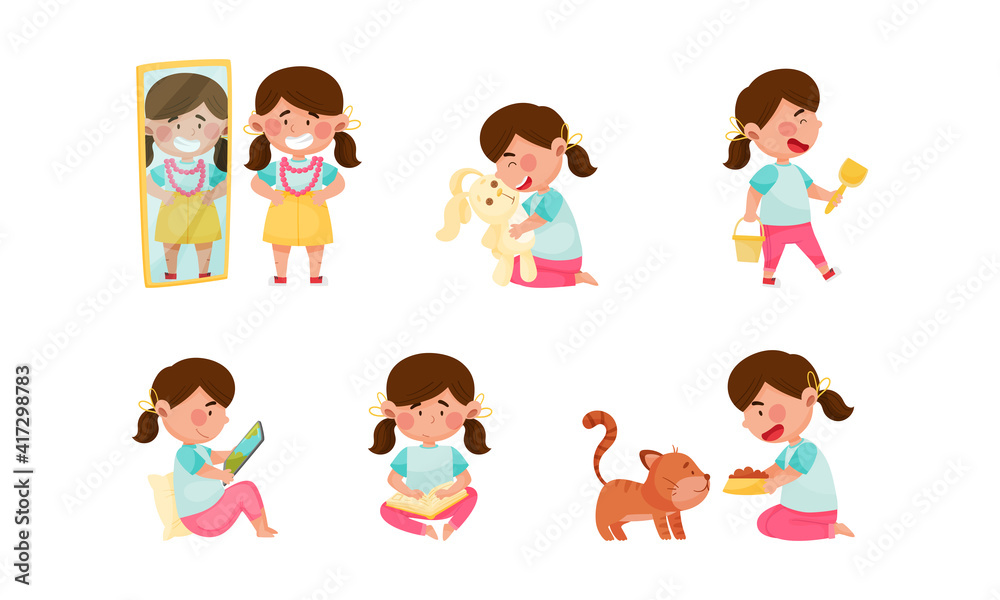Cute Girl Character Reading Book, Feeding Cat and Playing with Toy Fluffy Hare Vector Set Cute Girl Character Reading Book, Feeding Cat and Playing with Toy Fluffy Hare Vector Set