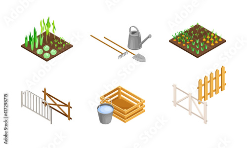 Vegetable Bed, Garden Implement with Shovel and Fence as Agricultural and Farming Industry Vector Isometric Set