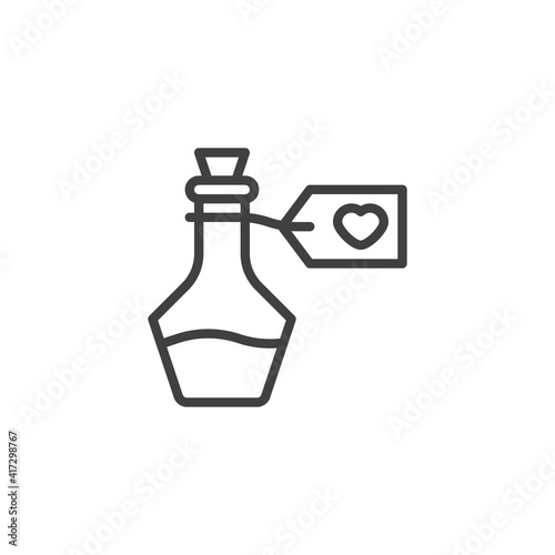 Magic potion with heart line icon. linear style sign for mobile concept and web design. Game health bottle outline vector icon. Symbol, logo illustration. Vector graphics
