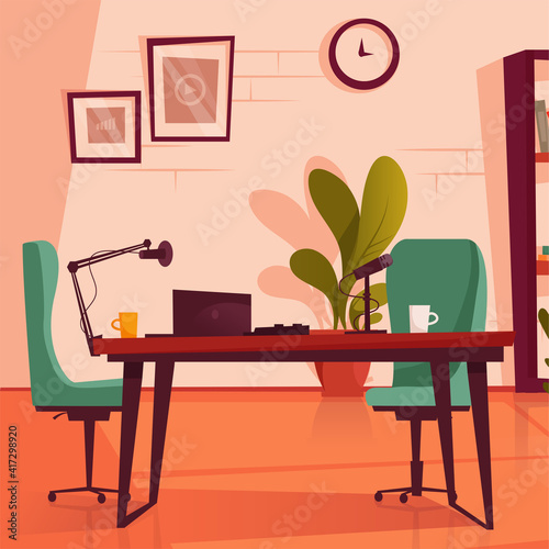 Empty podcasting studio with microphones, laptop, desk and chair. Flat vector illustration.