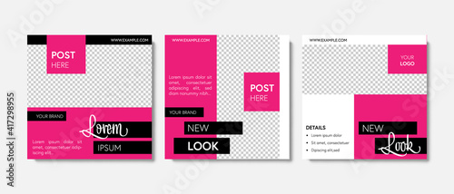 Set of editable social media templates pack with magenta and black color contrast background elements. Instagram posts for business with place for photos. Product presentation, shop offer