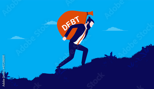 Businessman in debt - Man walking up hill, lifting big bag of debt on his back. Financial trouble concept. Vector illustration.