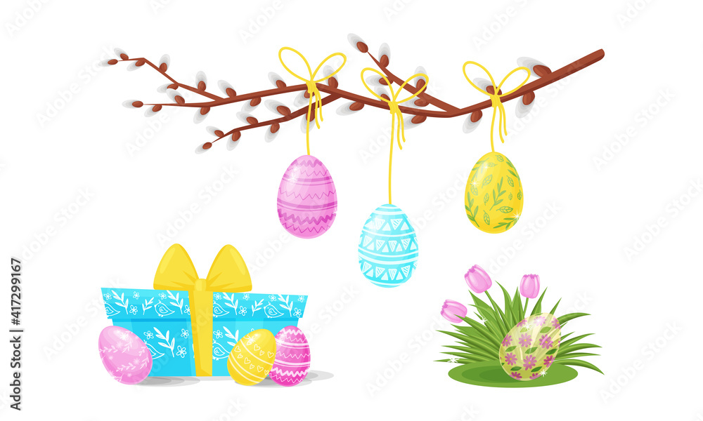 Blooming Willow Branch with Hanging Decorated Easter Egg and Gift Box as Holiday Symbols Vector Set Blooming Willow Branch with Hanging Decorated Easter Egg and Gift Box as Holiday Symbols Vector Set