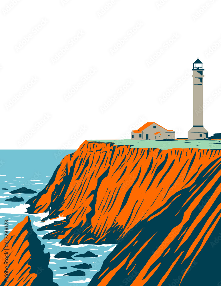 WPA poster art of the Point Arena Lighthouse in Mendocino County located in California Coastal National Monument coast of California done in works project administration or Federal Art Project style.