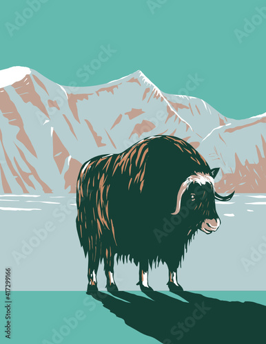 WPA poster art of the muskox or musk ox in winter in the Cape Krusenstern National Monument in northwestern Alaska, United States in works project administration or Federal Art Project style.