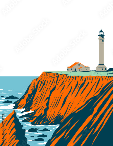 WPA poster art of the Point Arena Lighthouse in Mendocino County located in California Coastal National Monument coast of California done in works project administration or Federal Art Project style.