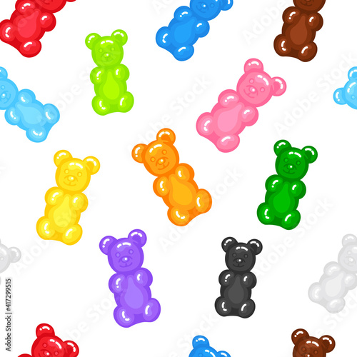 Gummy bear jelly sweet candy seamless pattern with amazing flavor flat style design vector illustration. Bright colorful jelly delicious sweets isolated on white background.
