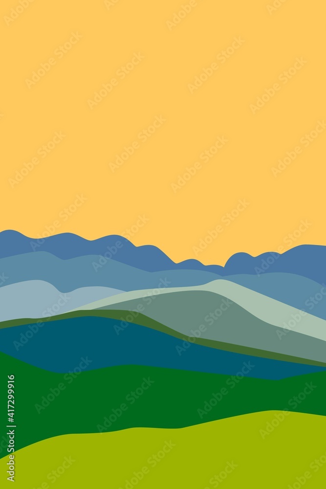 Yellow sunny sky. Blue, gray and green mountain silhouette. Snowy peaks. Green field or meadow. Abstract texture. Nature and ecology. Vertical orientation. For social media, post cards and poster