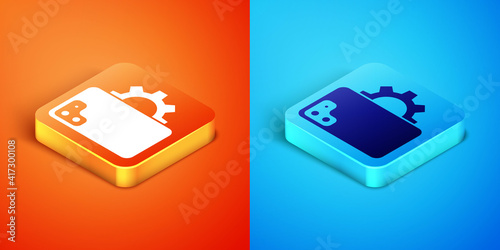 Isometric Phone repair service icon isolated on orange and blue background. Adjusting, service, setting, maintenance, repair, fixing. Vector.
