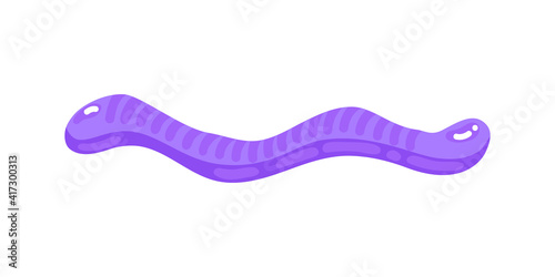 Purple jelly worm sweet candy with amazing flavor flat style design vector illustration. Bright colorful jelly delicious sweets isolated on white background.