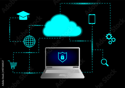 Cloud data storage interface concept. Cloud computing and laptop, wifi, money, data, and lock security Communication of business and financial. Transfer data and network with internet.