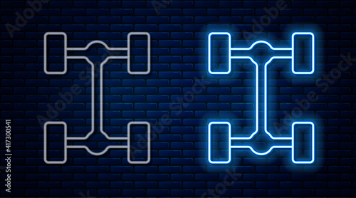 Glowing neon line Chassis car icon isolated on brick wall background. Vector.