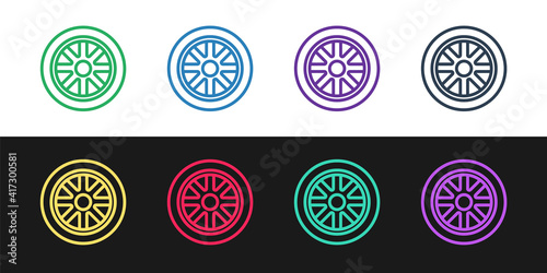 Set line Car wheel icon isolated on black and white background. Vector.