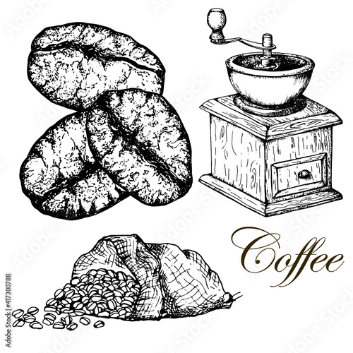 Manual wooden coffee grinder, coffee beans, bag with coffee beans. Stock illustration. Hand drawn.Vector.  Sketch. Isolated on white background. Design of products from coffee, menu, packaging.