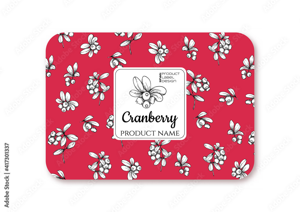 Fototapeta premium Cranberry Ripe berries. Template for product label, cosmetic packaging. Easy to edit. Graphic drawing, engraving style. Vector illustration.
