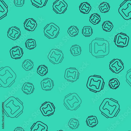 Black line Boxing helmet icon isolated seamless pattern on green background. Vector.
