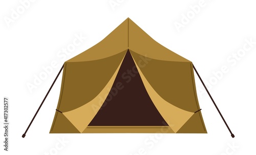 Front view of canvas wall tent isolated on white background. Military shelter for nature recreation, camping and hiking. Touristic equipment. Colored flat vector illustration