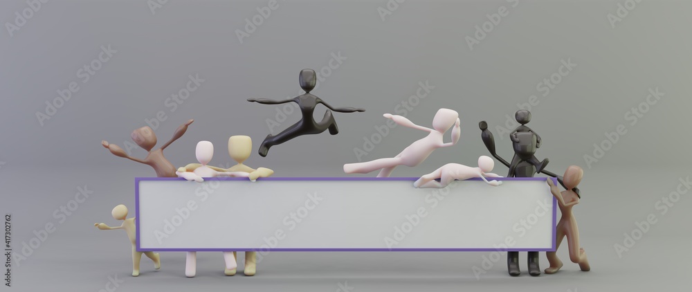 Family group different race toys' theater 3D idol performing wite board studio background - obrazy, fototapety, plakaty 