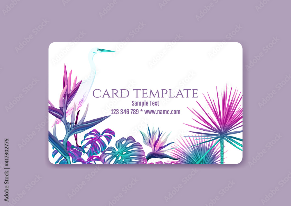 Plastic debit or credit, pass, discount, membership card template with tropical plants and birds in neon color on white background. Vector illustration.