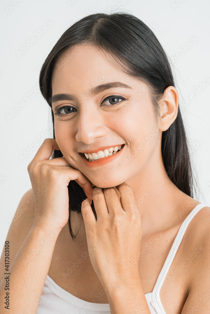 portrait of attractive asian woman skin care image on white background