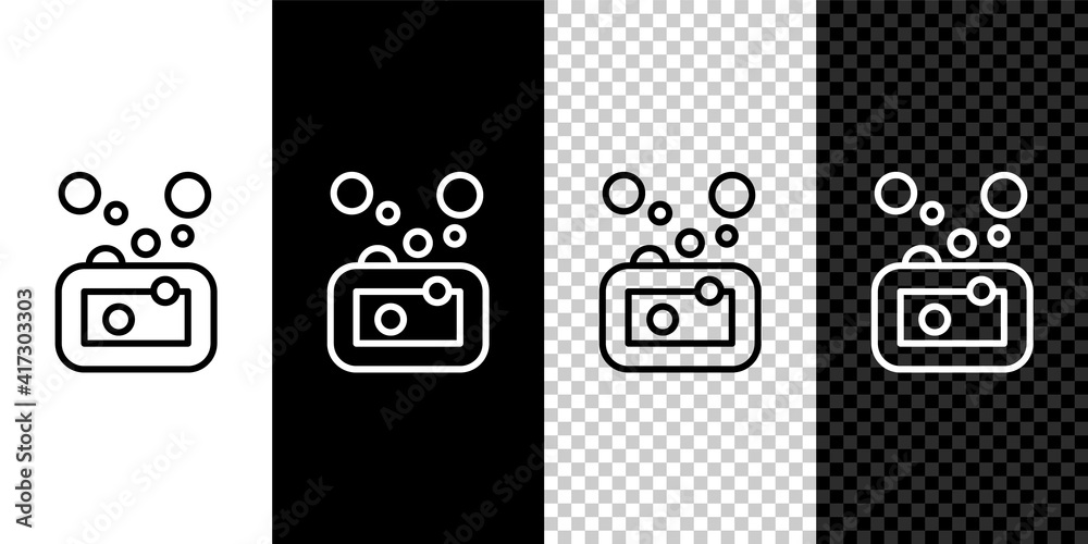 Obraz premium Set line Bar of soap icon isolated on black and white,transparent background. Soap bar with bubbles. Vector.
