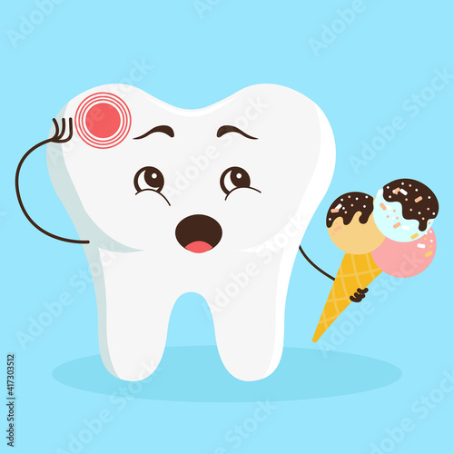 Cute cartoon character tooth hurts. Hypersensitivity of teeth to cold in children. Flat vector illustration