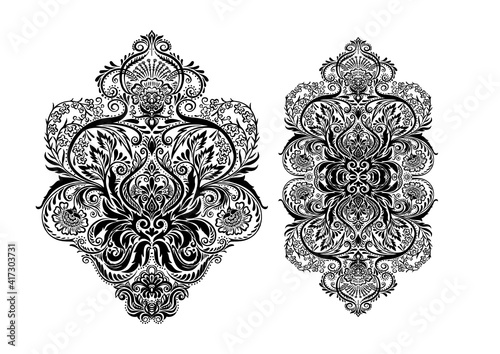 Tradition floral pattern, damask vintage ornament. Royal victorian flourish wallpapper, luxury textile. Vector illustration. Embroidery emitation.