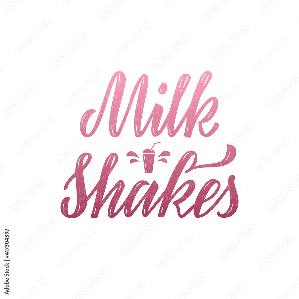 Vector illustration of milkshakes lettering for banner, poster, signage, business card, product, menu design. Handwritten creative calligraphic text for digital use or print
