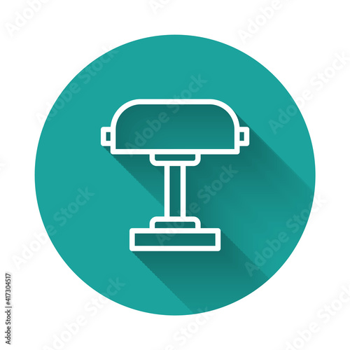 White line Table lamp icon isolated with long shadow background. Desk lamp. Green circle button. Vector. © vector_v