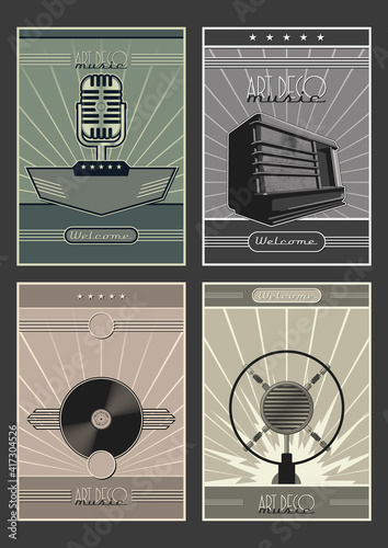Art Deco Advertisement Posters Stylization, Retro Microphones, Radio Tuner, Vinyl Record, 1920s - 1940s Placards
