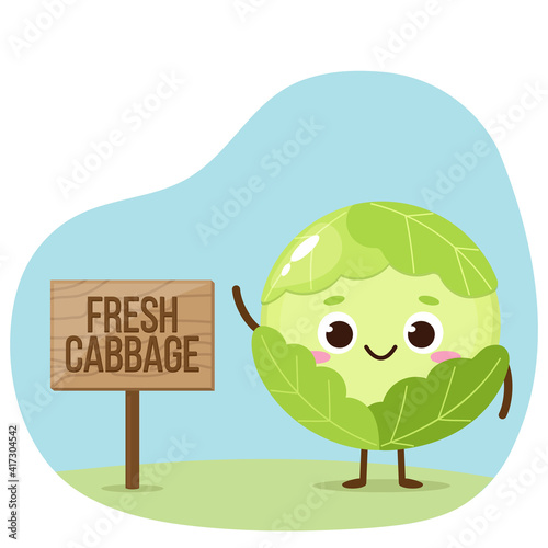 Cartoon cute green cabbage character with banner