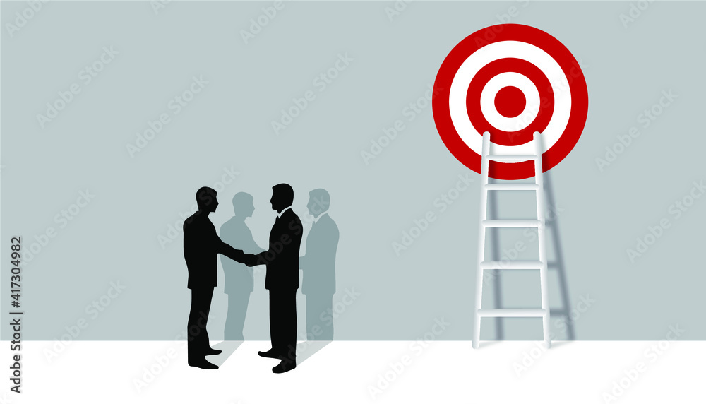 The silhouettes of two businessmen stood hand in hand with the back of a ladder stretching to their goal. Concept of business cooperation Joint business planning The silhouettes of two businessmen stood hand in hand with the back of a ladder stretching to their goal. Concept of business cooperation Joint business planning