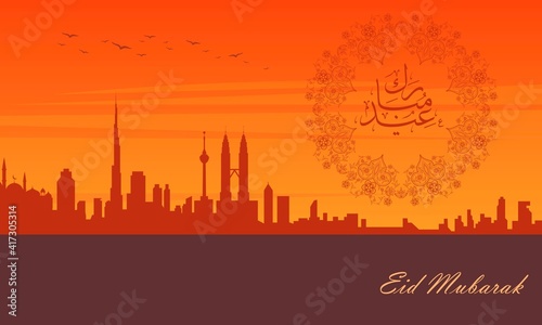 Arabic calligraphy of Eid Mubarak and cityscape. Translation Eid Mubarak is a Blessing Month for a muslim celebration day after the fasting month ramadan. Greeting card, poster, art, banner