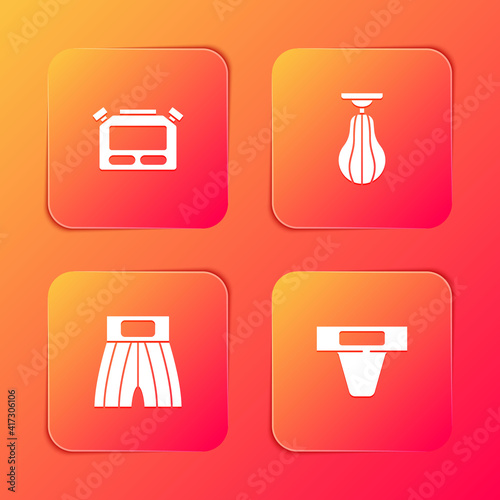 Set Stopwatch, Punching bag, Boxing short and Groin guard icon. Vector.