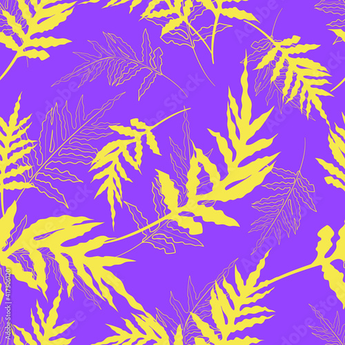 Seamless monochrome pattern with yellow tropical fern leaves. Botanical summer texture. On purple background.