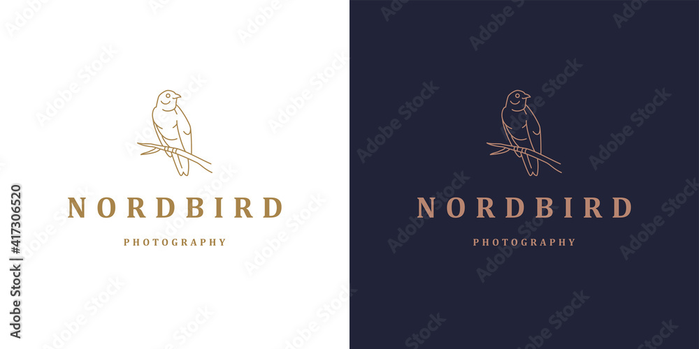 Bird sitting on branch logo template linear vector illustration