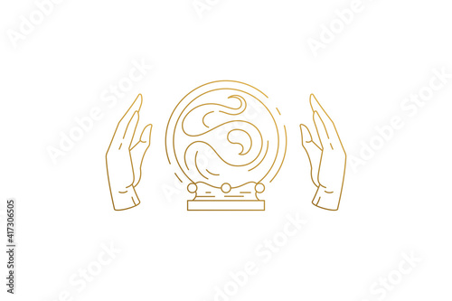 Hands of fortune teller and crystal ball silhouette linear vector illustration.